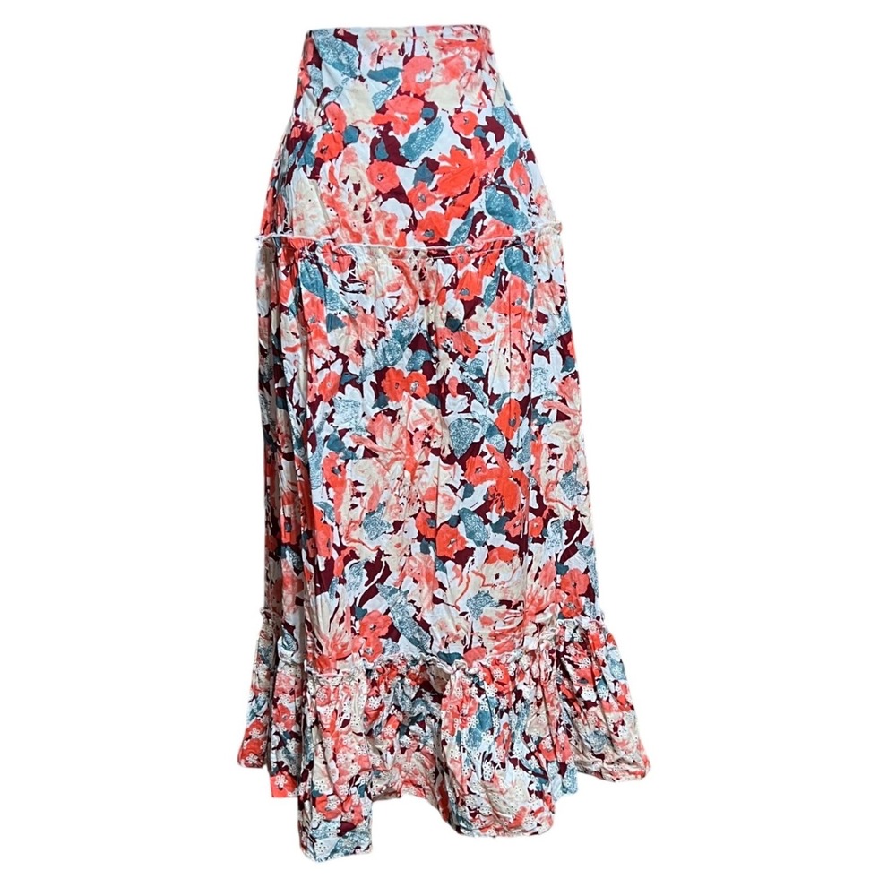 Luna Moon Floral Maxi Skirt Coral Teal Tiered Ruffle Eyelet Boho Women M - Picture 2 of 7